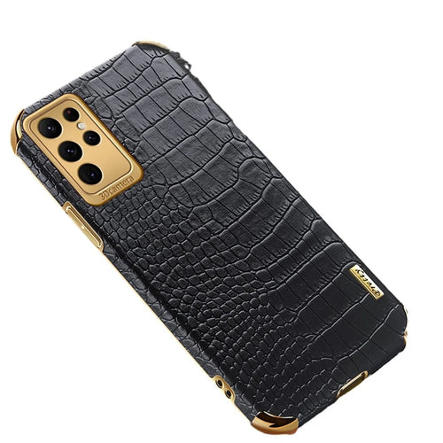 For Samsung Galaxy S22 Ultra 5G Crocodile Texture Cell Phone Case 6D Electroplating Cover - Black - 1
