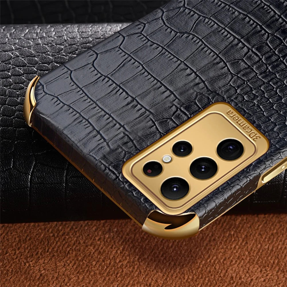 For Samsung Galaxy S22 Ultra 5G Crocodile Texture Cell Phone Case 6D Electroplating Cover - Black - 2