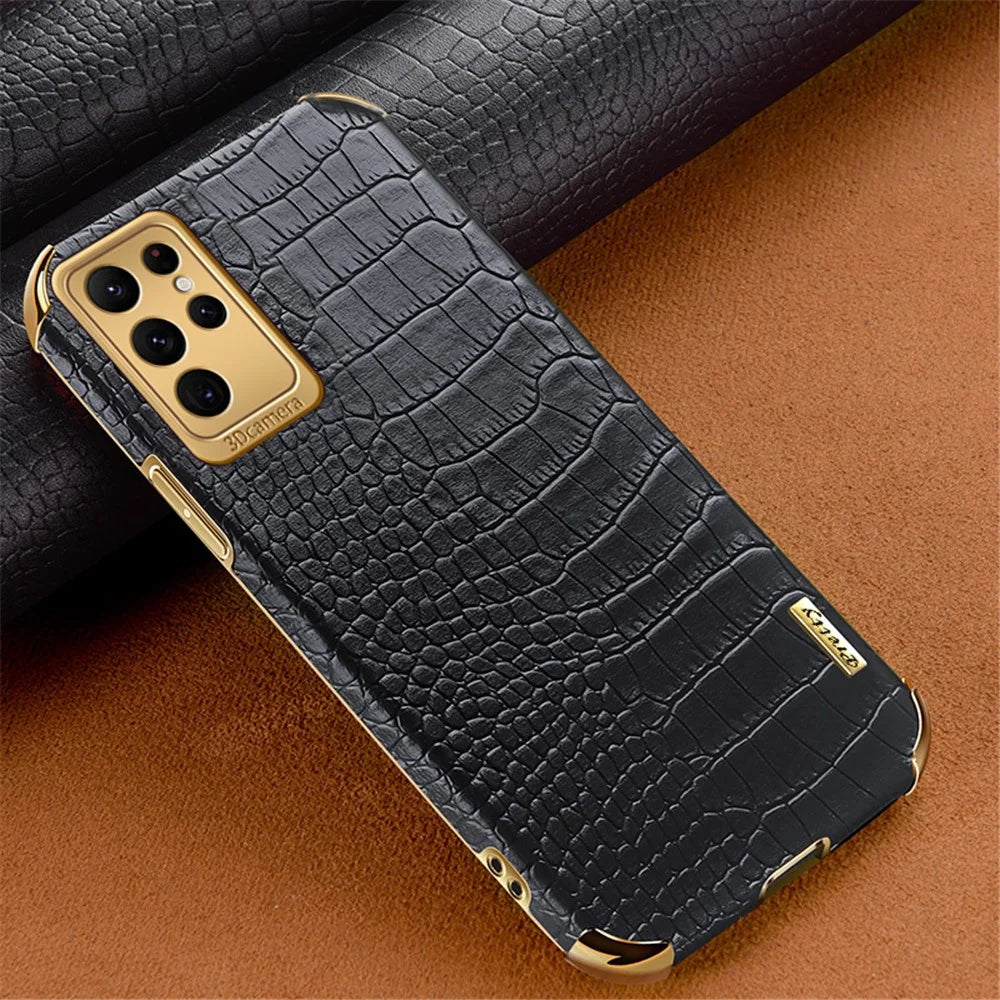 For Samsung Galaxy S22 Ultra 5G Crocodile Texture Cell Phone Case 6D Electroplating Cover - Black - 3