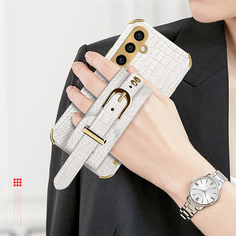 For Samsung Galaxy A15 4G / A15 5G Cell Phone Case Crocodile Texture Wristband Kickstand Back Cover - Yellow - 3