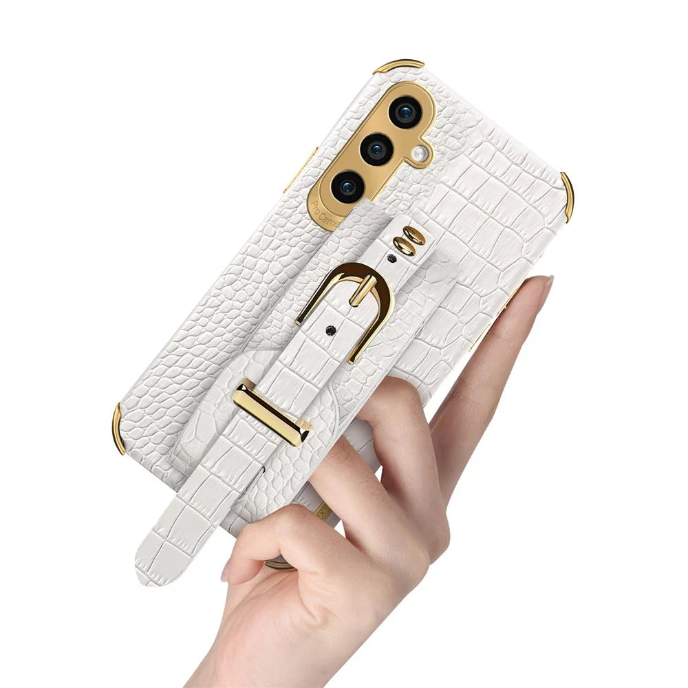 For Samsung Galaxy A15 4G / A15 5G Cell Phone Case Crocodile Texture Wristband Kickstand Back Cover - Yellow - 5