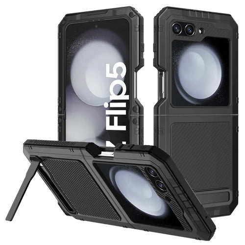 For Samsung Galaxy Z Flip5 5G Shockproof Case Aluminium Alloy + Silicone Kickstand Phone Cover - Black - 1