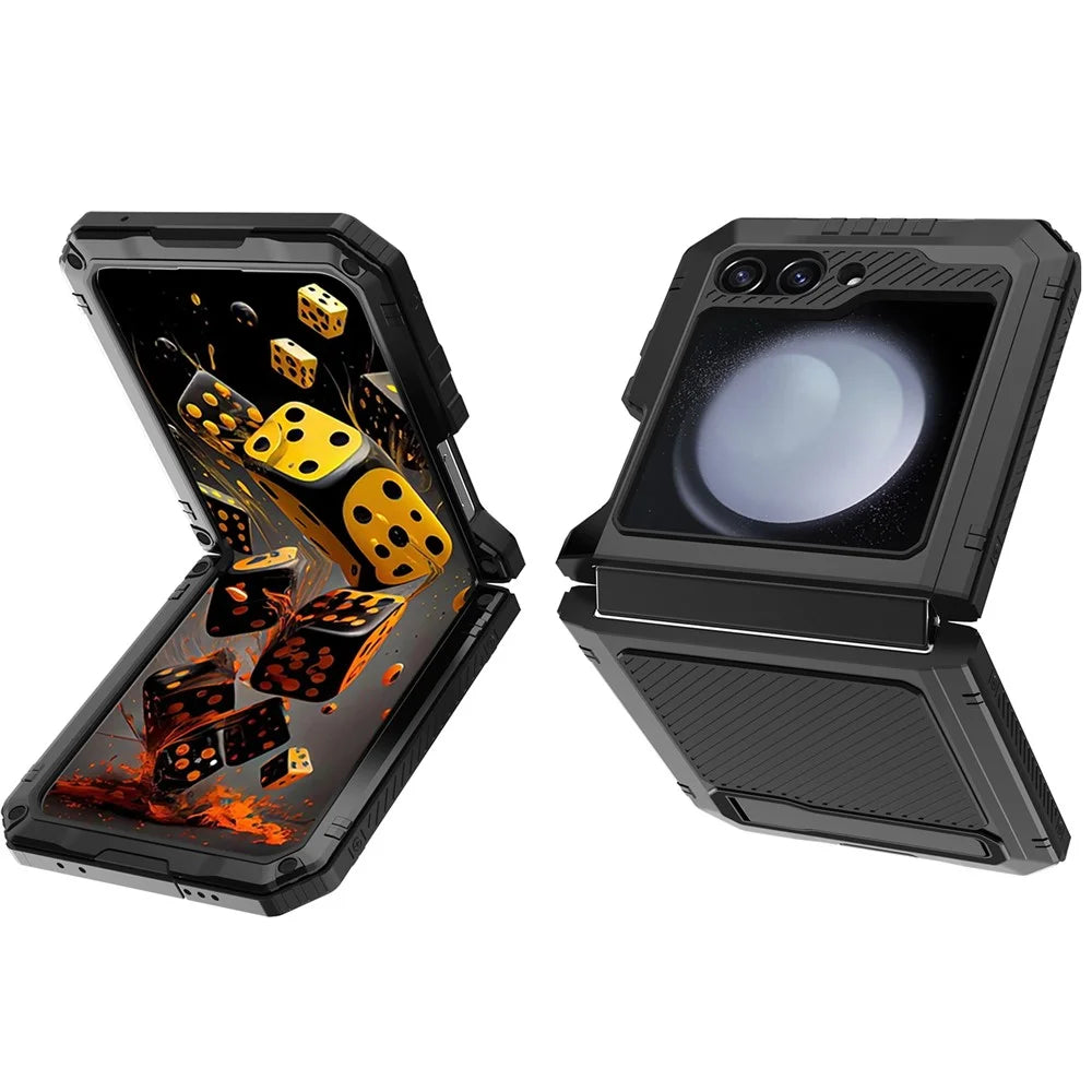 For Samsung Galaxy Z Flip5 5G Shockproof Case Aluminium Alloy + Silicone Kickstand Phone Cover - Black - 2