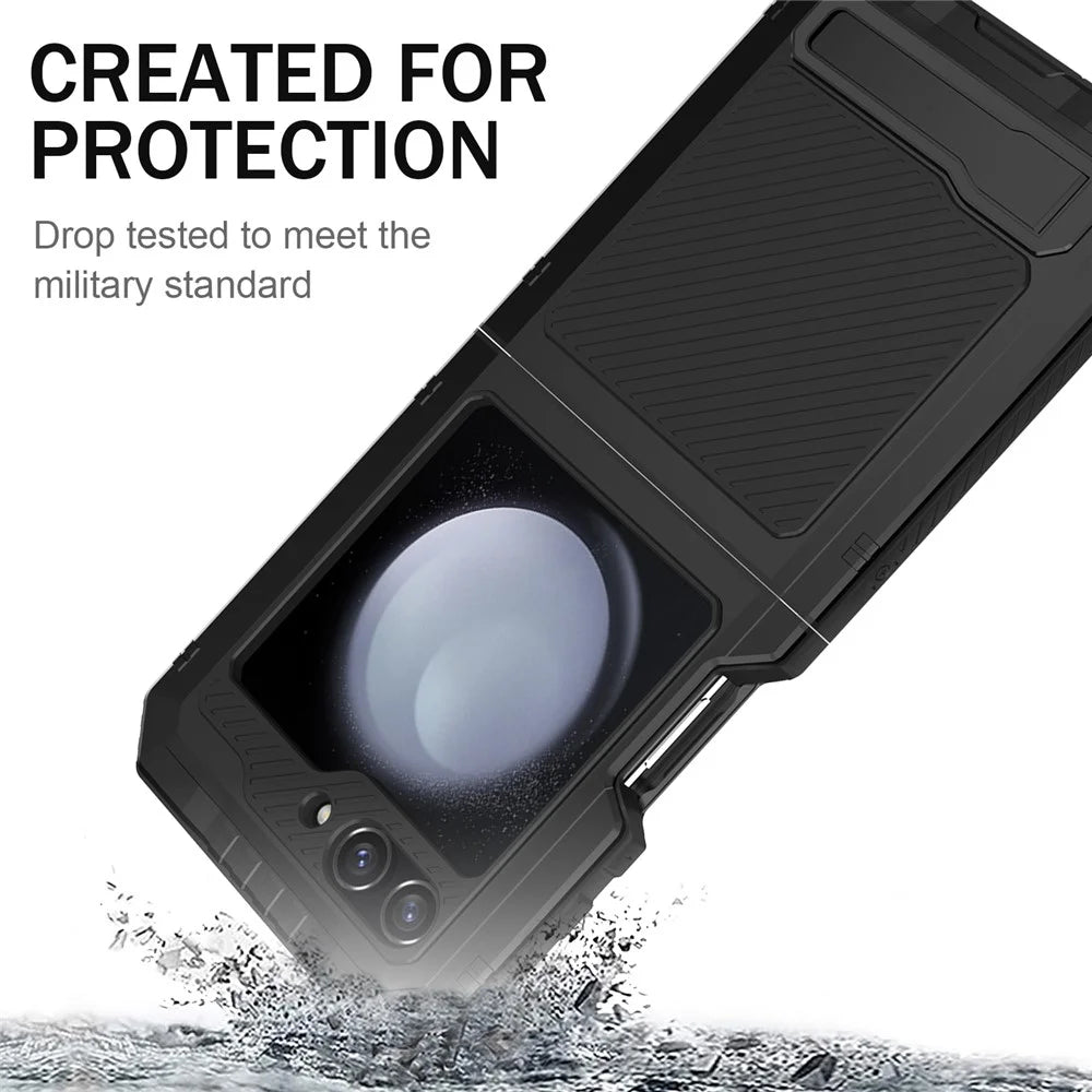 For Samsung Galaxy Z Flip5 5G Shockproof Case Aluminium Alloy + Silicone Kickstand Phone Cover - Black - 3