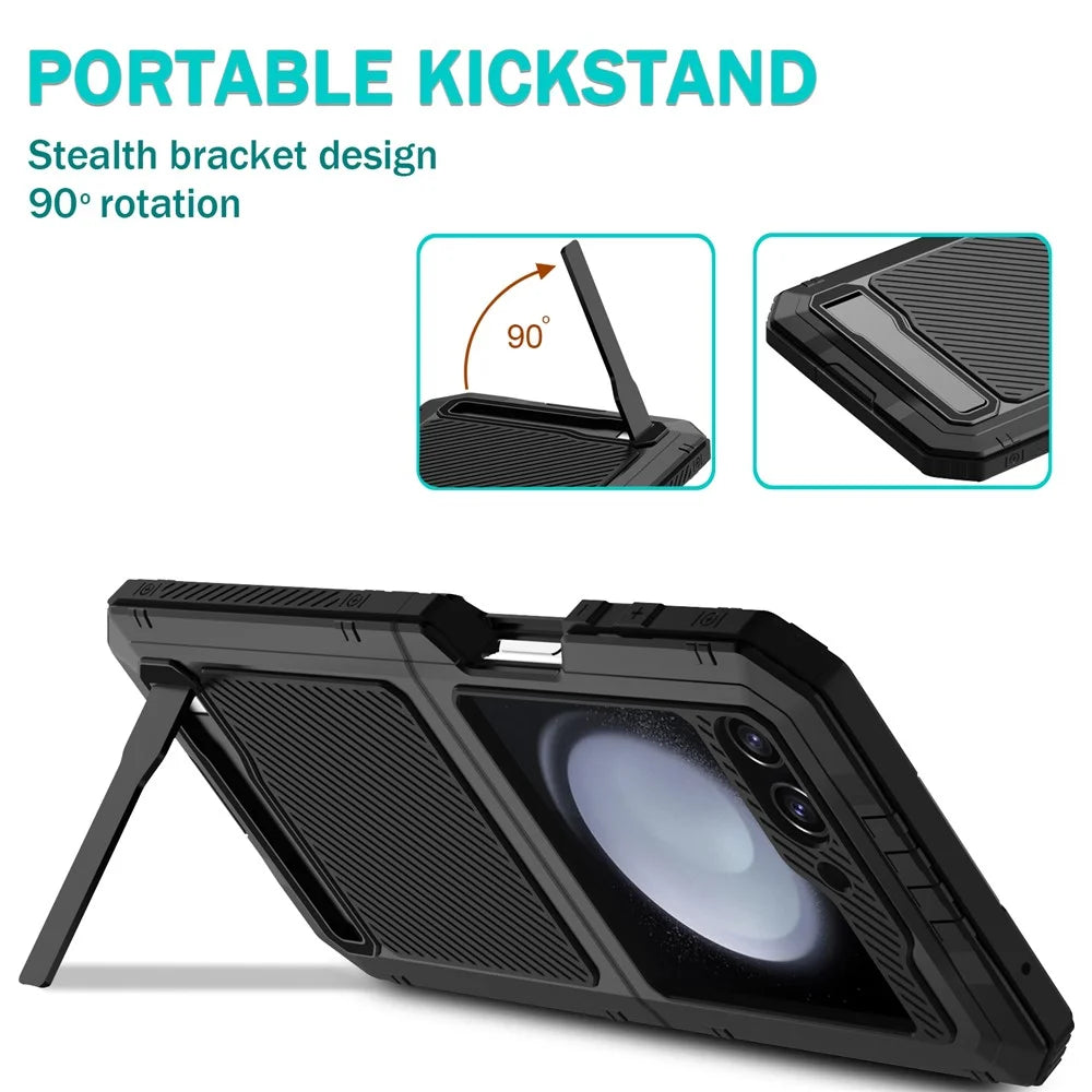 For Samsung Galaxy Z Flip5 5G Shockproof Case Aluminium Alloy + Silicone Kickstand Phone Cover - Black - 4