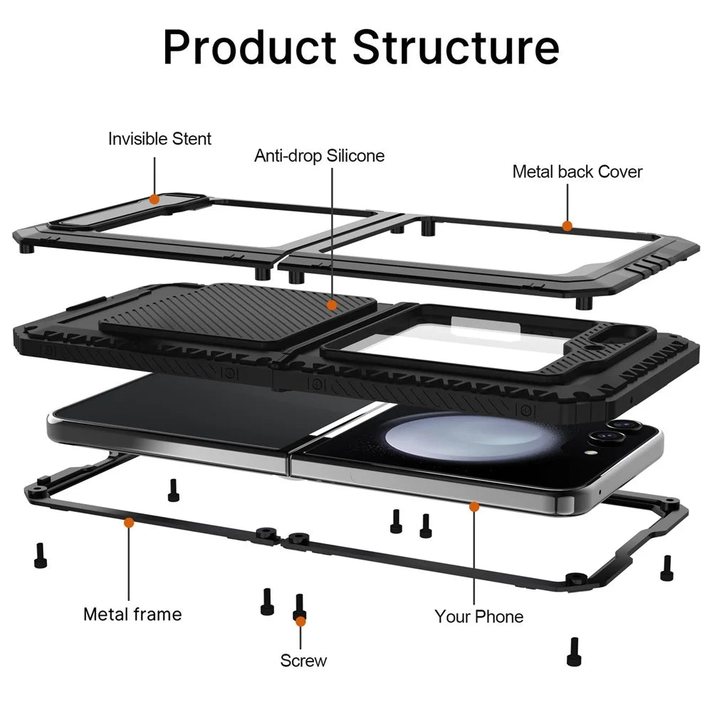 For Samsung Galaxy Z Flip5 5G Shockproof Case Aluminium Alloy + Silicone Kickstand Phone Cover - Black - 6
