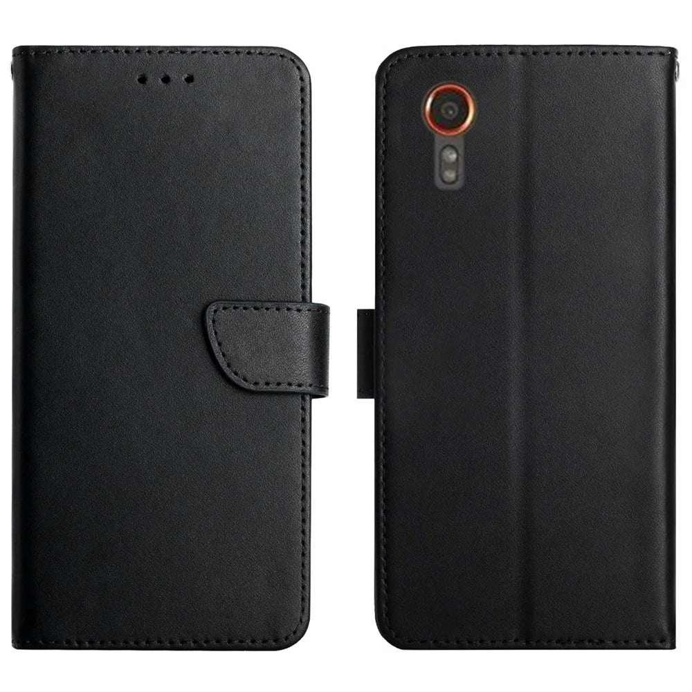 HT02 For Samsung Galaxy Xcover7 Genuine Cow Leather Phone Case Wallet Flip Cover - Black - 1
