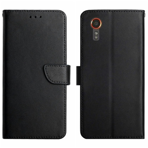 HT02 For Samsung Galaxy Xcover7 Genuine Cow Leather Phone Case Wallet Flip Cover - Black - 1