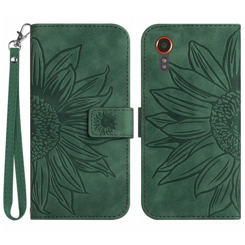 HT04 For Samsung Galaxy Xcover7 Leather Case Phone Wallet with Hand Strap Sunflower Pattern - Dark Green - 1