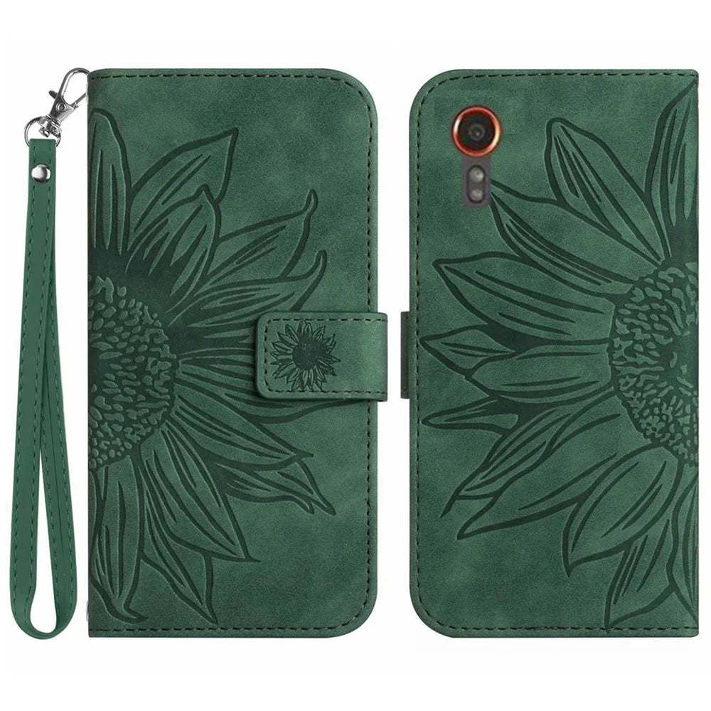 HT04 For Samsung Galaxy Xcover7 Leather Case Phone Wallet with Hand Strap Sunflower Pattern - Dark Green - 1