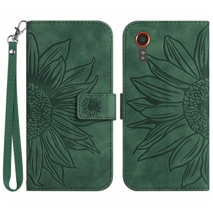HT04 For Samsung Galaxy Xcover7 Leather Case Phone Wallet with Hand Strap Sunflower Pattern - Dark Green - 1