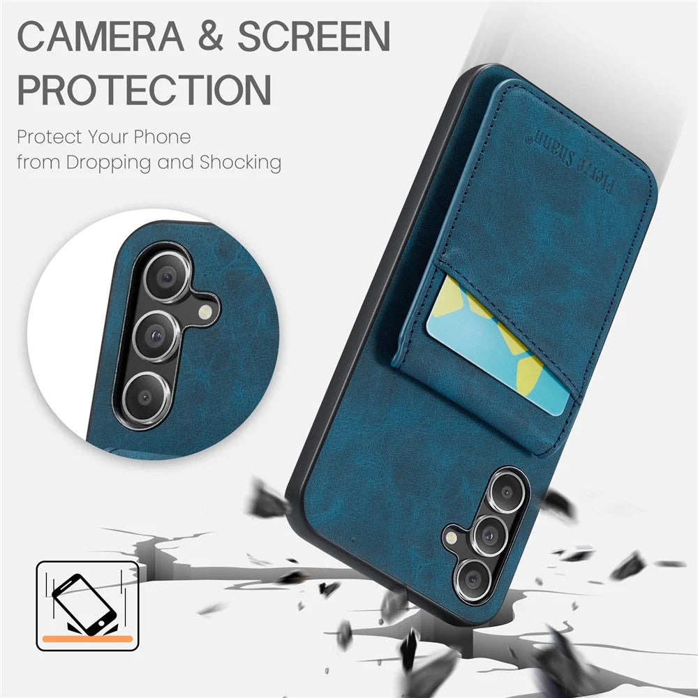 FIERRE SHANN For Samsung Galaxy A15 4G / 5G Cell Phone Case PU+TPU Crazy Horse Texture Cover - Blue - 5