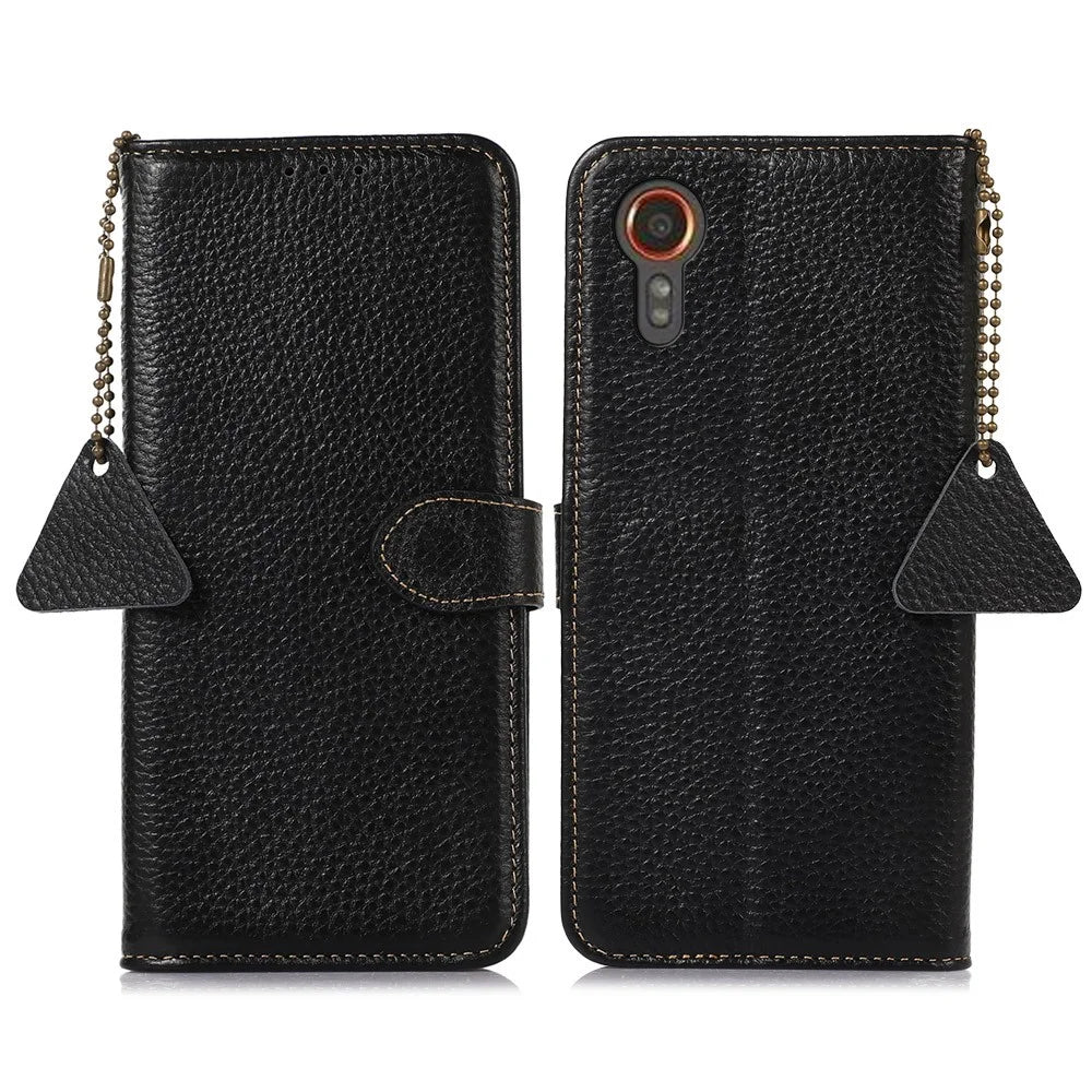 For Samsung Galaxy Xcover7 RFID Blocking Phone Case Genuine Cow Leather Cover - Black - 1