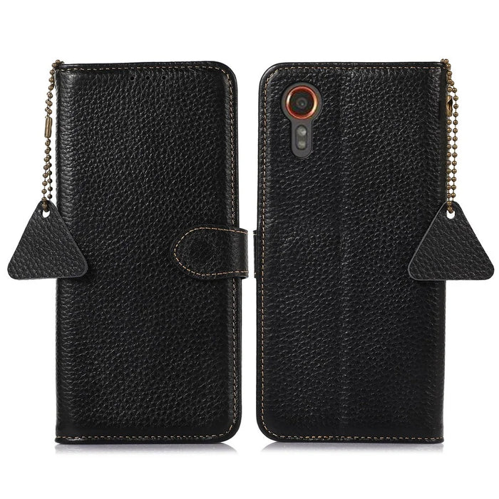 For Samsung Galaxy Xcover7 RFID Blocking Phone Case Genuine Cow Leather Cover - Black - 1