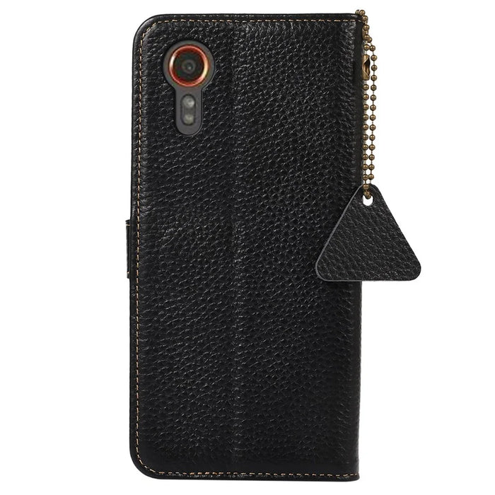 For Samsung Galaxy Xcover7 RFID Blocking Phone Case Genuine Cow Leather Cover - Black - 7