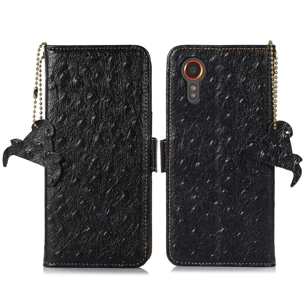 For Samsung Galaxy Xcover7 Genuine Cow Leather Case RFID Blocking Wallet Cover - Black - 1