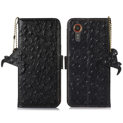 For Samsung Galaxy Xcover7 Genuine Cow Leather Case RFID Blocking Wallet Cover - Black - 1