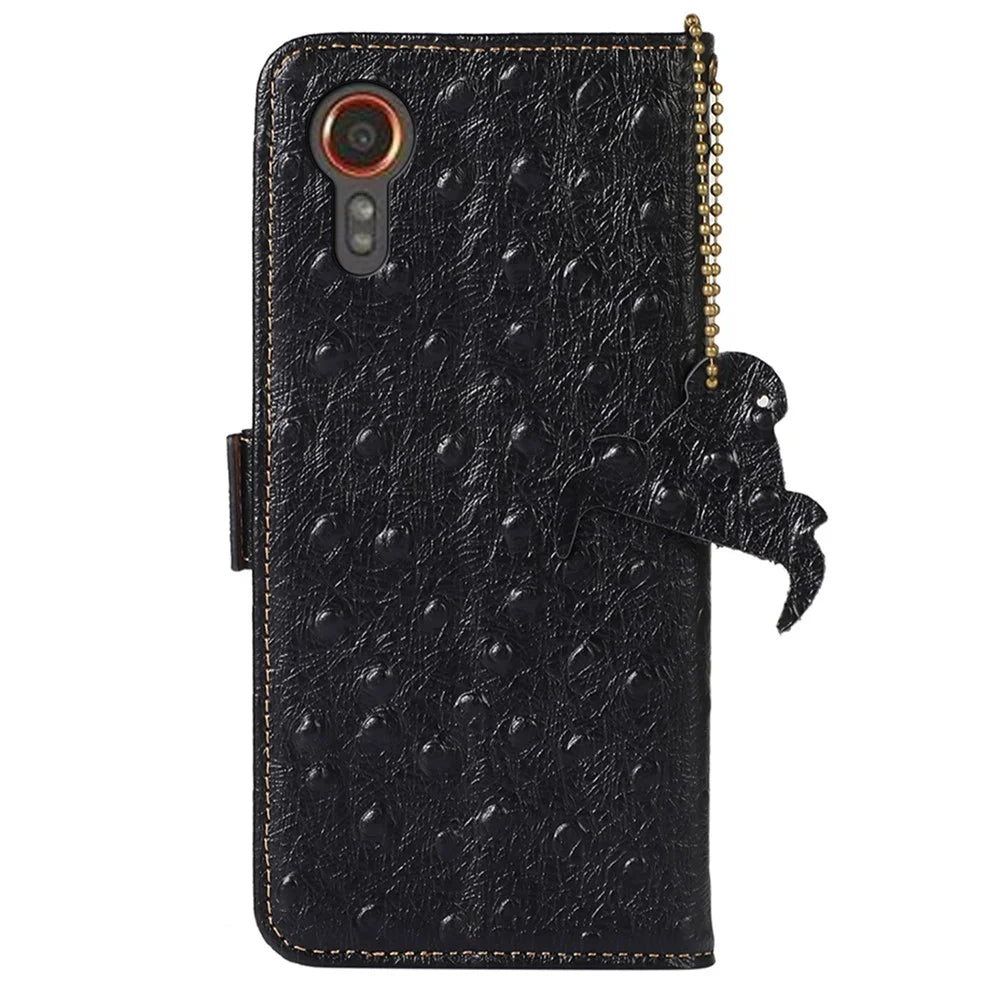 For Samsung Galaxy Xcover7 Genuine Cow Leather Case RFID Blocking Wallet Cover - Black - 7