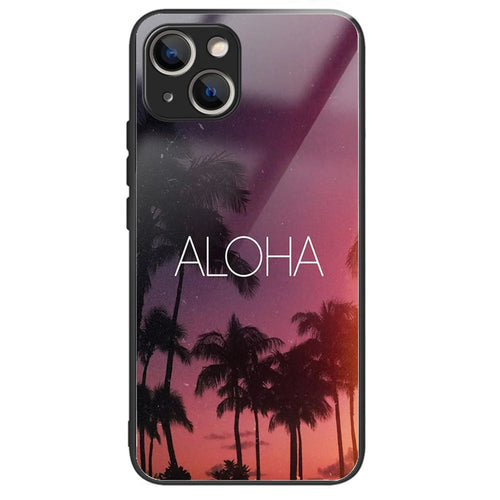 For iPhone 15 Plus Tempered Glass Case TPU Edge Phone Protective Cover - ALOHA - 1