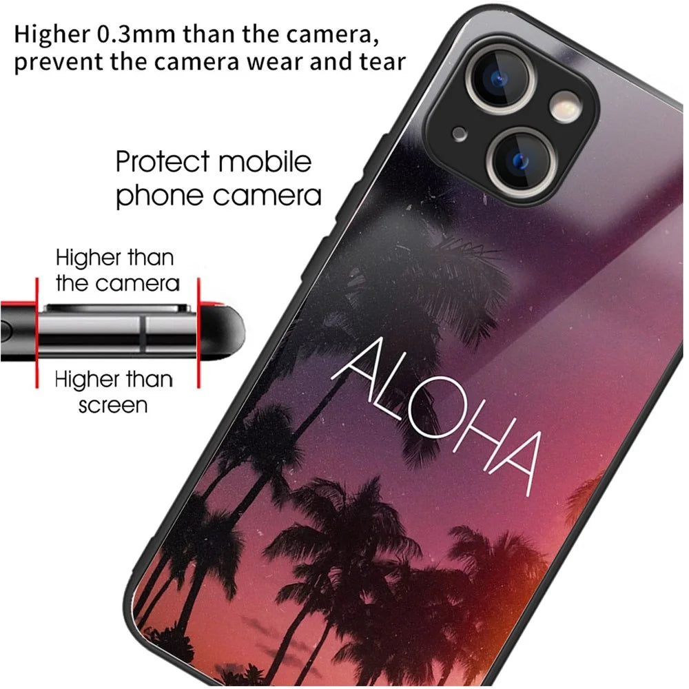 For iPhone 15 Plus Tempered Glass Case TPU Edge Phone Protective Cover - ALOHA - 2