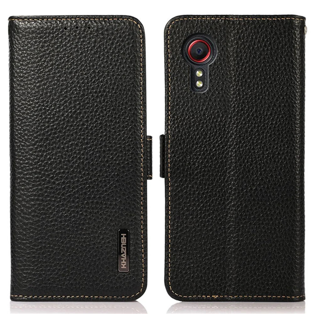 KHAZNEH For Samsung Galaxy Xcover7 Wallet Case Genuine Cow Leather Phone Cover with RFID Blocking - Black - 1