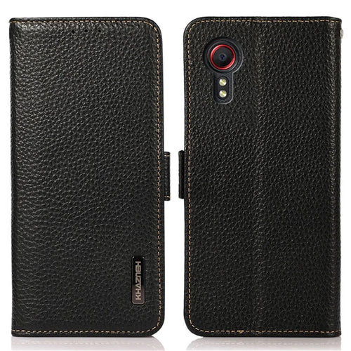 KHAZNEH For Samsung Galaxy Xcover7 Wallet Case Genuine Cow Leather Phone Cover with RFID Blocking - Black - 1
