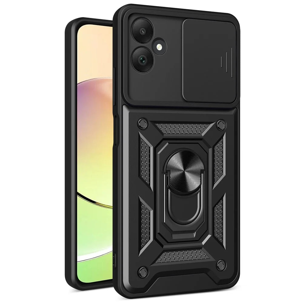 For Samsung Galaxy A05 4G Cell Phone Case Kickstand Cover with Slide Lens Window - Black - 1
