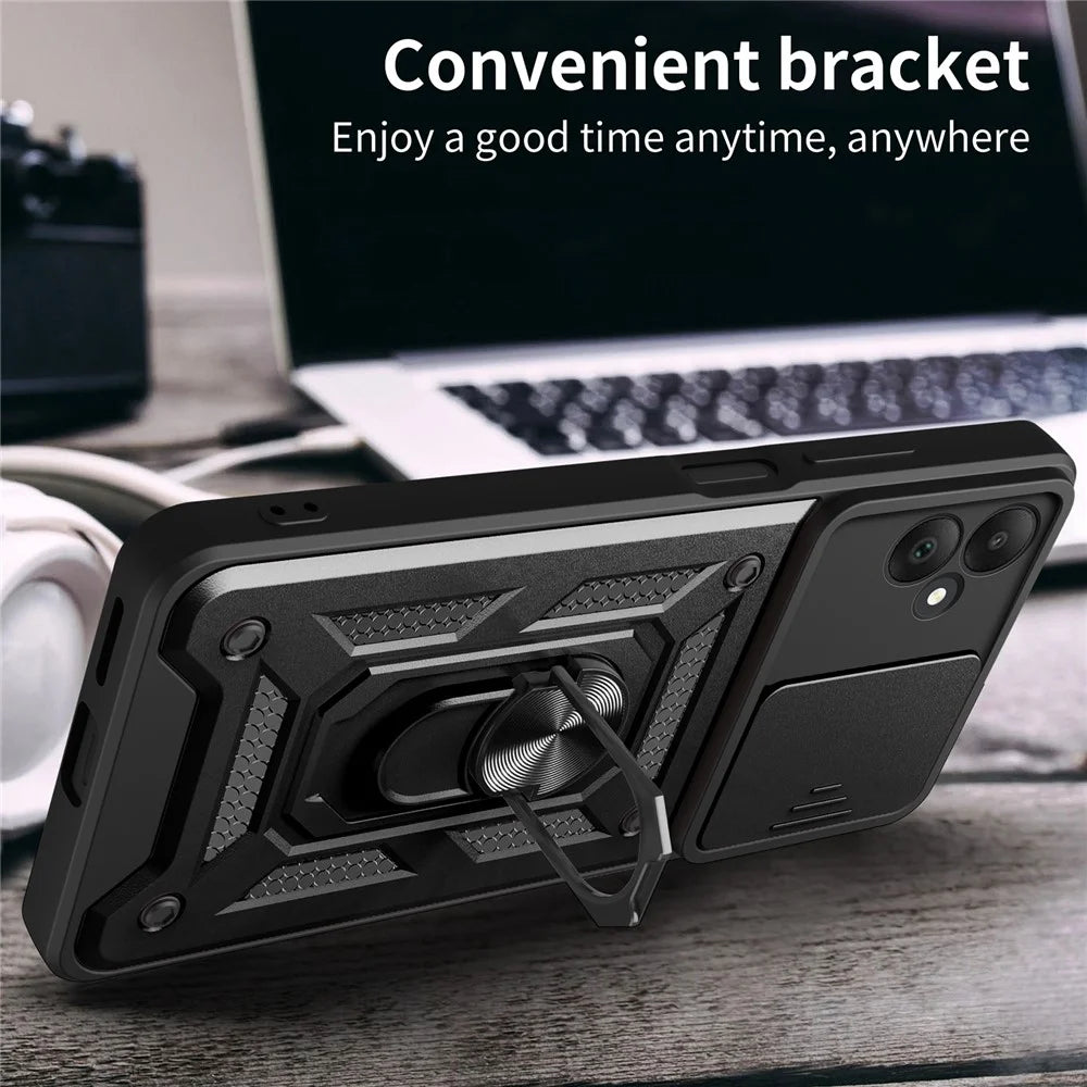 For Samsung Galaxy A05 4G Cell Phone Case Kickstand Cover with Slide Lens Window - Black - 5