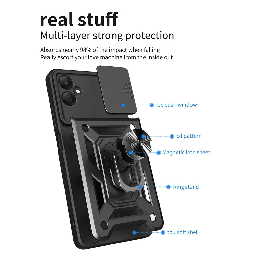 For Samsung Galaxy A05 4G Cell Phone Case Kickstand Cover with Slide Lens Window - Black - 6
