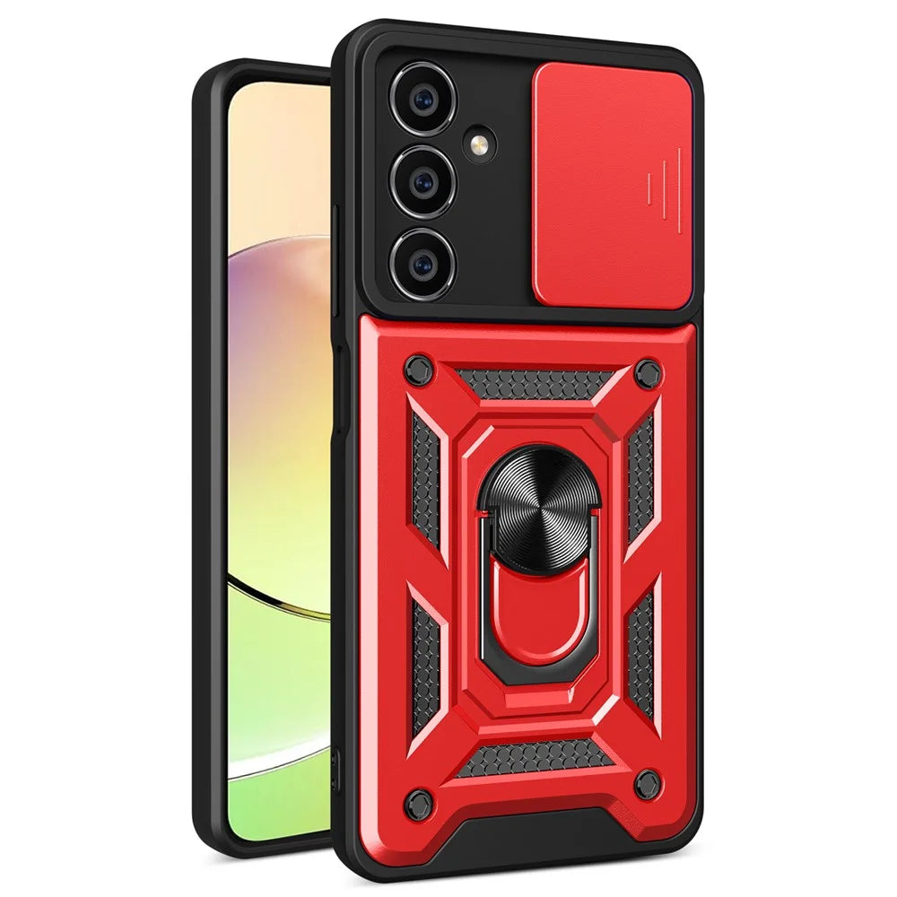 For Samsung Galaxy A05s 4G Cell Phone Case Slide Lens Protection Kickstand Back Shell - Red - 1