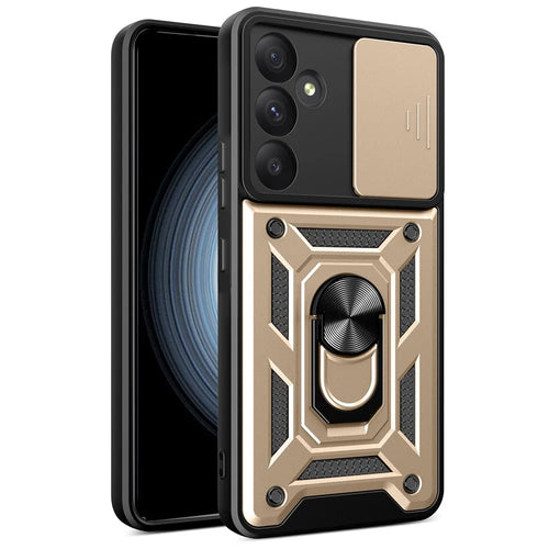 For Samsung Galaxy A55 5G Cell Phone Case Anti-dust Kickstand Cover with Slide Lens Protection - Gold - 1