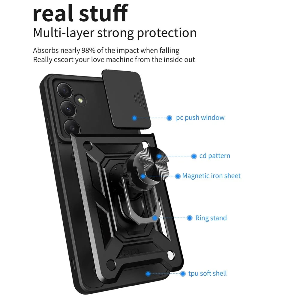 For Samsung Galaxy A55 5G Cell Phone Case Anti-dust Kickstand Cover with Slide Lens Protection - Gold - 6