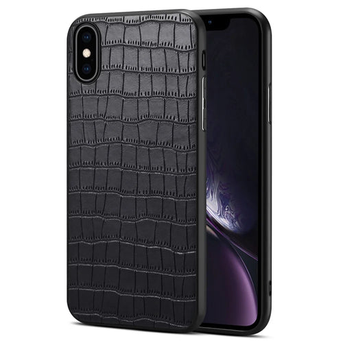 For iPhone X / XS Cell Phone Case Crocodile Textured PU Leather+PC+TPU Back Cover - Black - 1