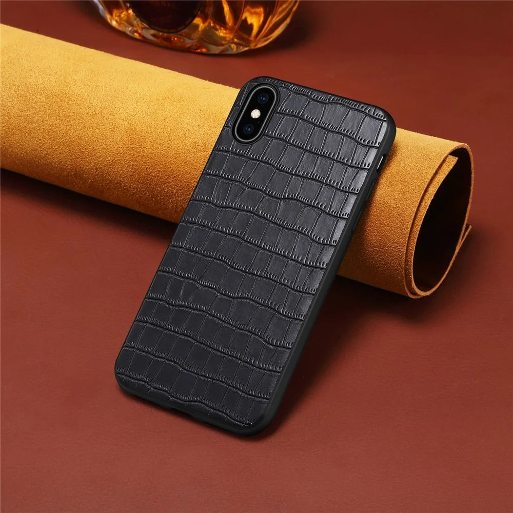 For iPhone X / XS Cell Phone Case Crocodile Textured PU Leather+PC+TPU Back Cover - Black - 6