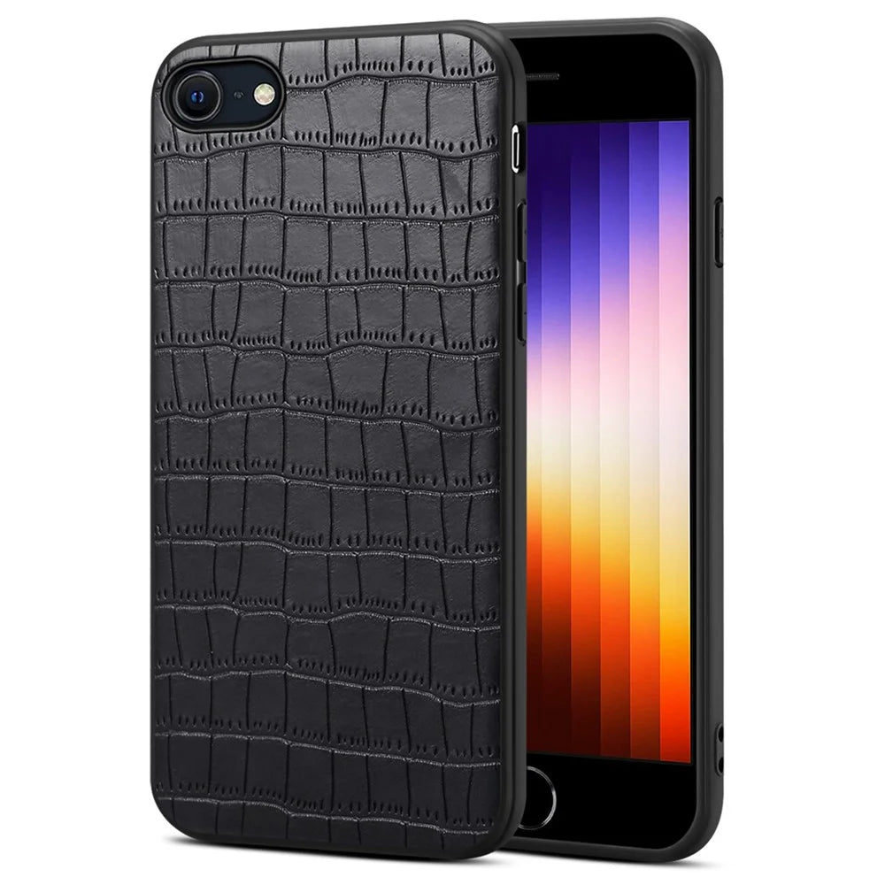 For iPhone 7 / 8 / SE (2020) / SE (2022) Case Crocodile Textured PU Leather+PC+TPU Phone Cover - Black - 1