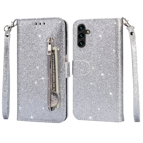 For Samsung Galaxy A55 5G Cell Phone Case Zipper Pocket Wallet Glitter Leather Drop-proof Cover - Silver - 1