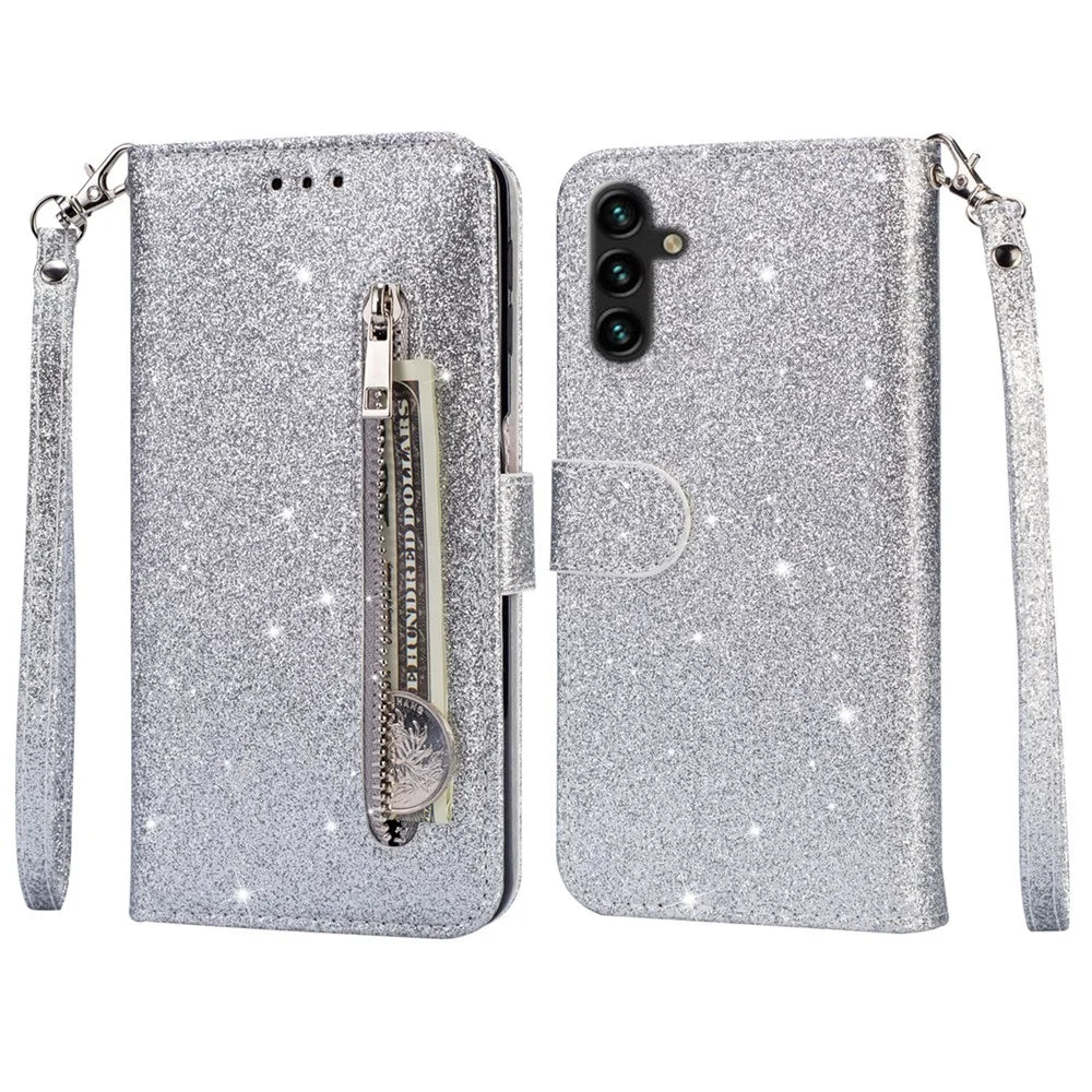 For Samsung Galaxy A55 5G Cell Phone Case Zipper Pocket Wallet Glitter Leather Drop-proof Cover - Silver - 1