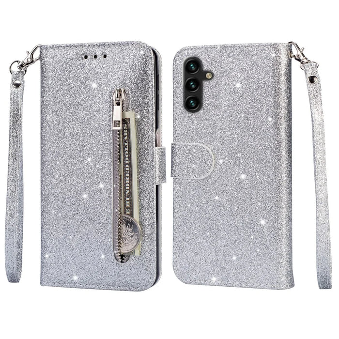 For Samsung Galaxy A55 5G Cell Phone Case Zipper Pocket Wallet Glitter Leather Drop-proof Cover - Silver - 1