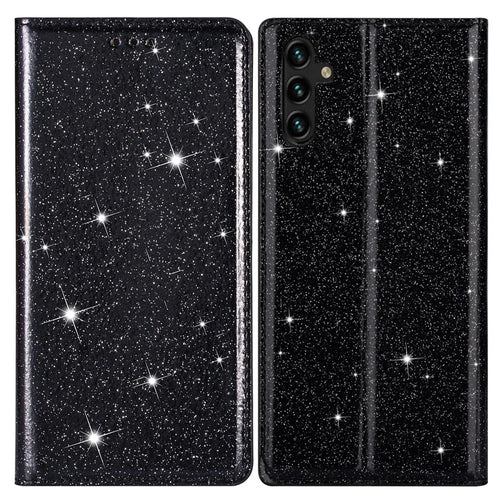 For Samsung Galaxy A55 5G Cell Phone Case Glitter PU Leather Stand Card Slots Cover - Black - 1