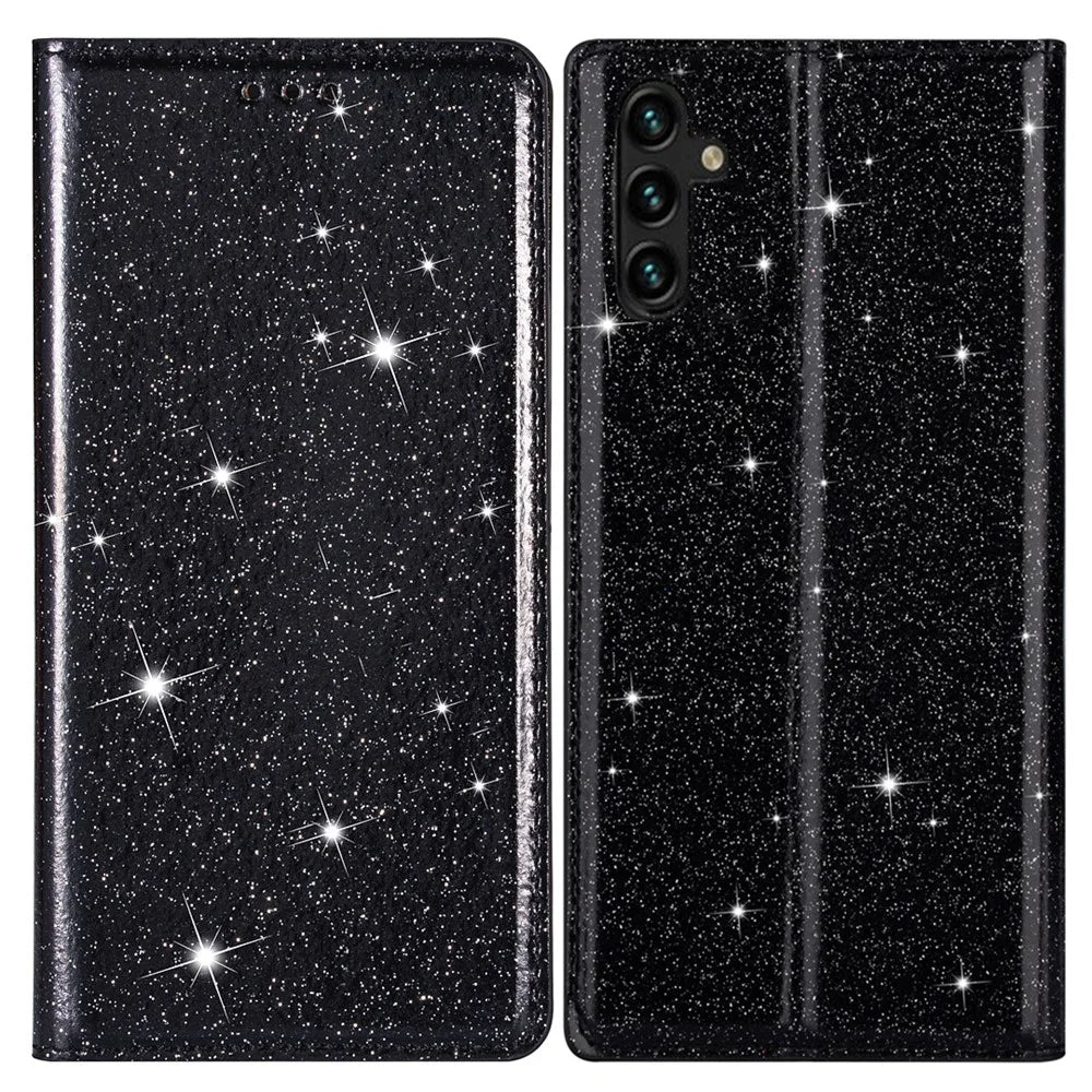 For Samsung Galaxy A55 5G Cell Phone Case Glitter PU Leather Stand Card Slots Cover - Black - 1