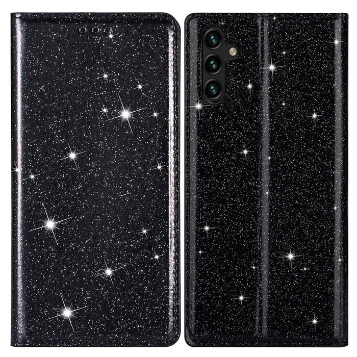 For Samsung Galaxy A55 5G Cell Phone Case Glitter PU Leather Stand Card Slots Cover - Black - 1