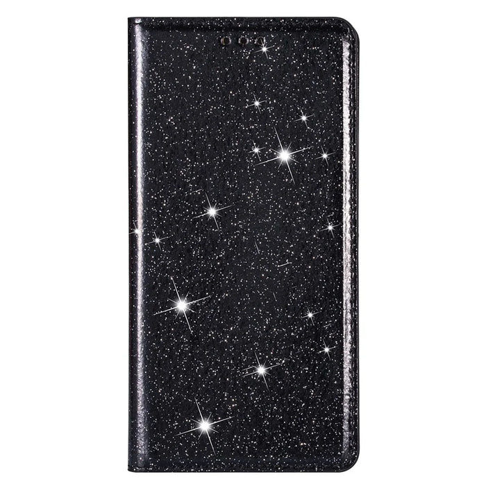 For Samsung Galaxy A55 5G Cell Phone Case Glitter PU Leather Stand Card Slots Cover - Black - 6