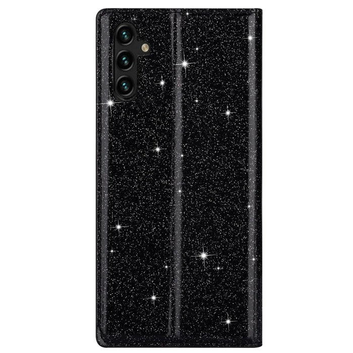 For Samsung Galaxy A55 5G Cell Phone Case Glitter PU Leather Stand Card Slots Cover - Black - 7