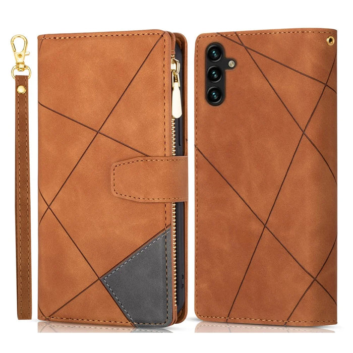 For Samsung Galaxy A55 5G Cell Phone Case Zipper Pocket Color Splicing Leather Wallet Cover - Brown - 1