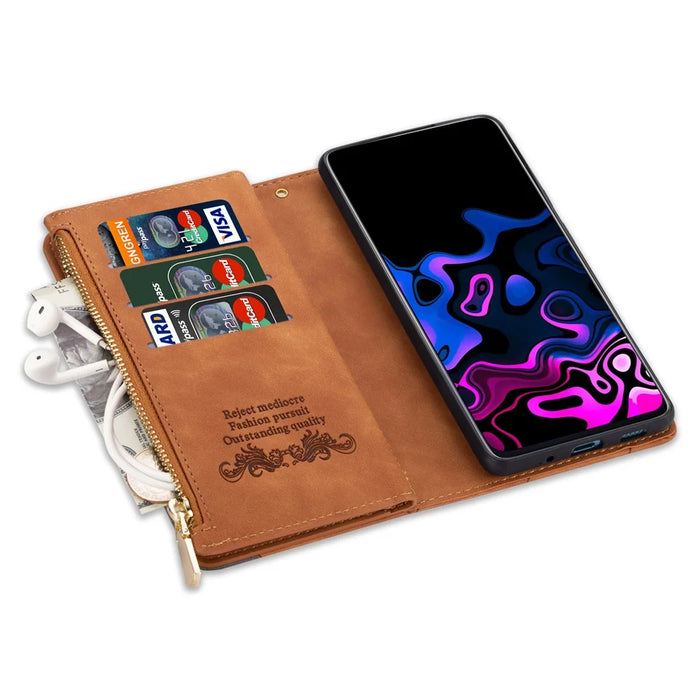 For Samsung Galaxy A55 5G Cell Phone Case Zipper Pocket Color Splicing Leather Wallet Cover - Brown - 4