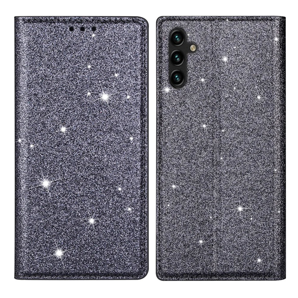 For Samsung Galaxy A35 5G Magnetic Phone Case Glittery PU Leather+TPU Card Holder Cover - Grey - 1
