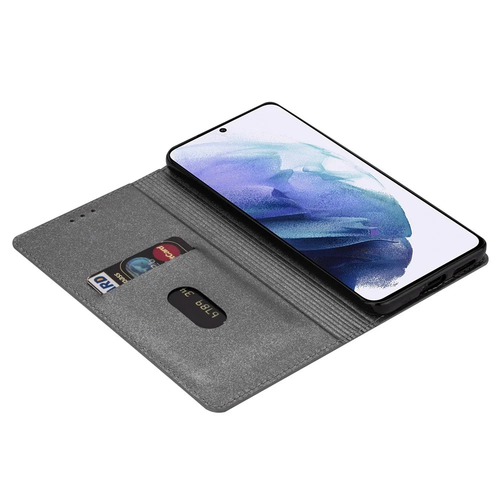 For Samsung Galaxy A35 5G Magnetic Phone Case Glittery PU Leather+TPU Card Holder Cover - Grey - 2