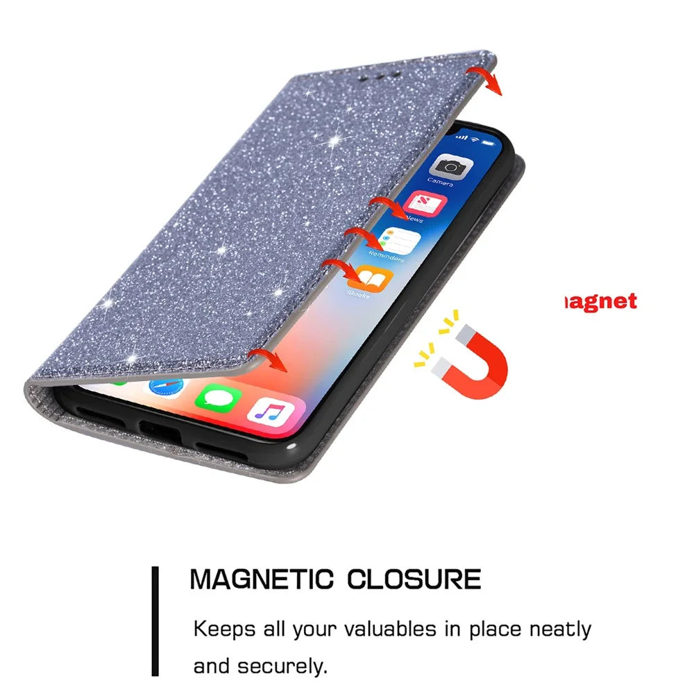 For Samsung Galaxy A35 5G Magnetic Phone Case Glittery PU Leather+TPU Card Holder Cover - Grey - 5