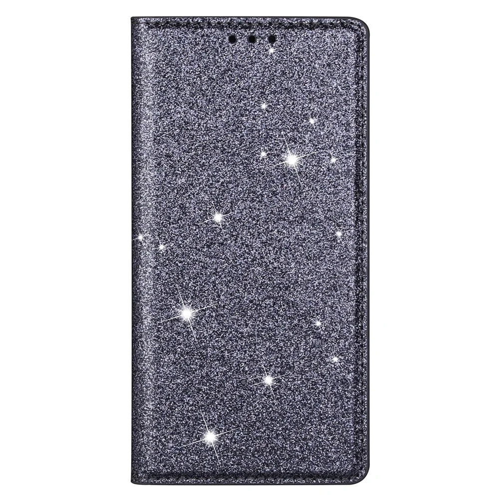 For Samsung Galaxy A35 5G Magnetic Phone Case Glittery PU Leather+TPU Card Holder Cover - Grey - 6