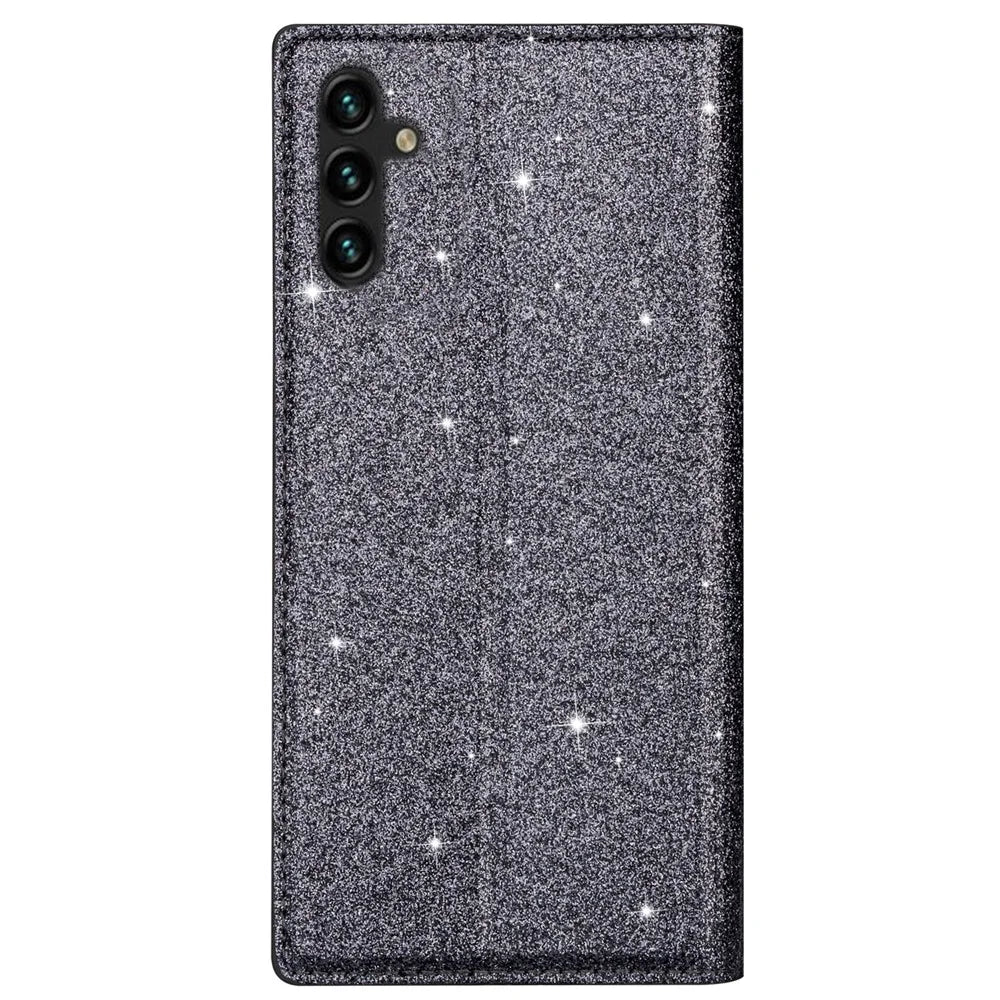 For Samsung Galaxy A35 5G Magnetic Phone Case Glittery PU Leather+TPU Card Holder Cover - Grey - 7